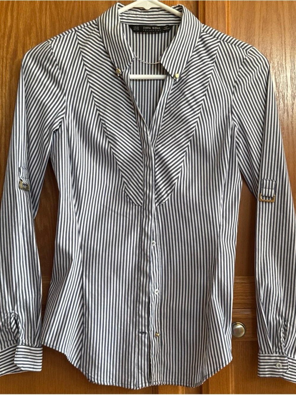 Zara Women’s Blue and White uStriped Button-Down Shirt